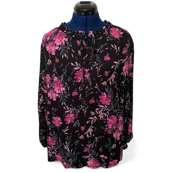 Counterparts Tops - Counterparts Black and Pink Floral Long Sleeve Blouse V Neck Elastic Wrists | XL